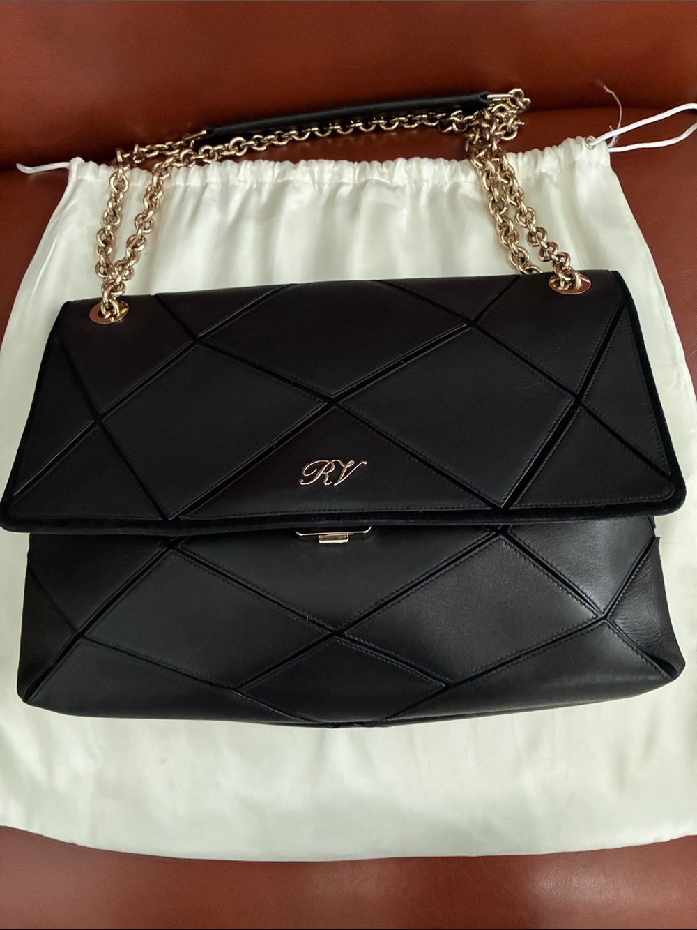 Roger Vivier Black Quilted Leather Shoulder Bag with Gold Chain